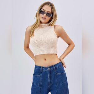 CIDER Solid High Neck Knit Tank Top, Beige, Size M